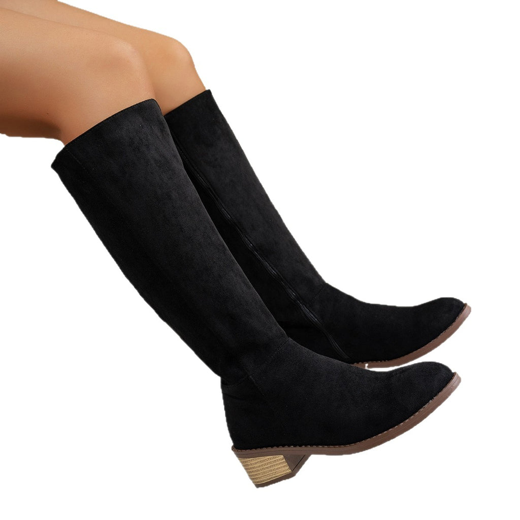Velvet-textured pointed-toe, chunky heel, knee-length over-the-knee women's boots
