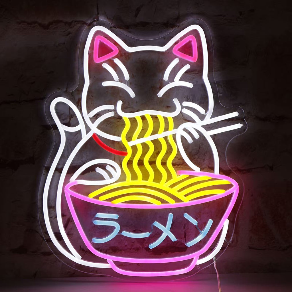 USB Dimmable LED Neon Sign, Cat Eating Noodles Light, Acrylic Animal Shaped Nightlight for Home Decor teemdrop