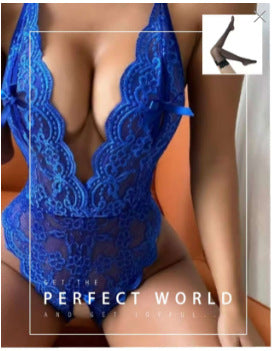 Women's Floral Lace One-Piece Open Crotch Backless Lingerie Bodysuit