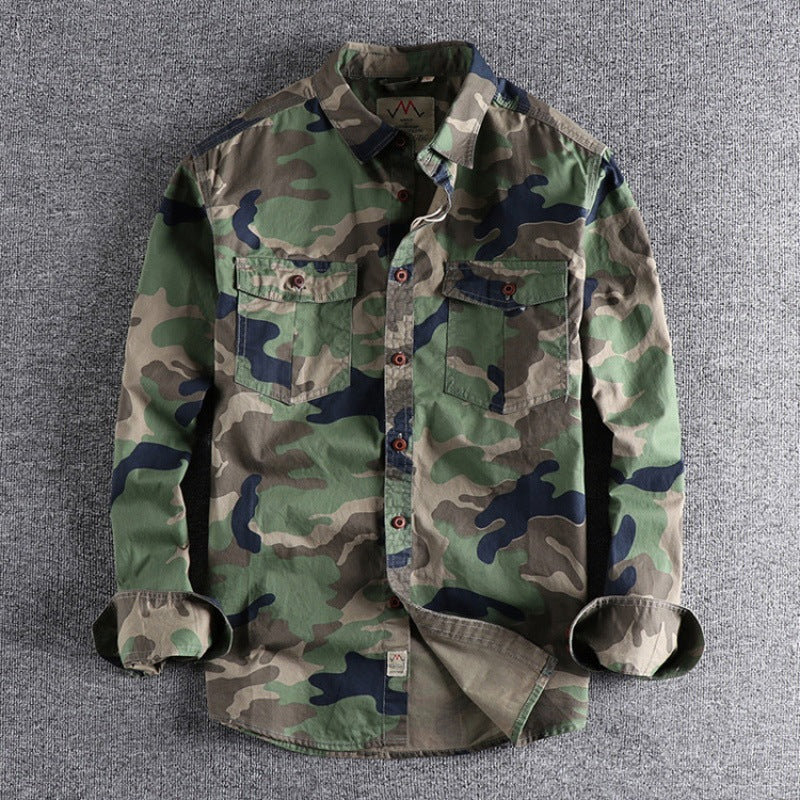 Men's Washed Camouflage Long-Sleeve Cotton Workwear Shirt teemdrop