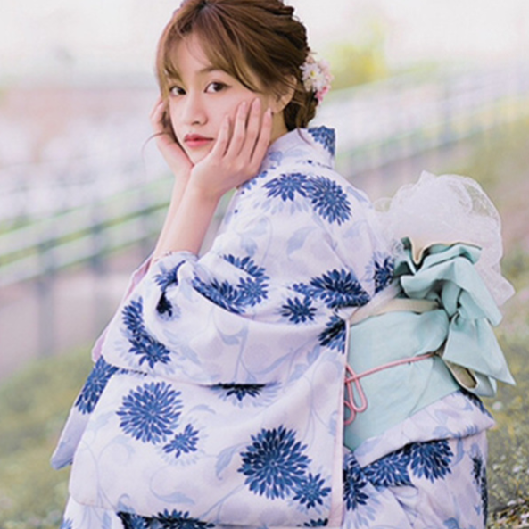 Womens Traditional Retro Japanese Camellia Print Kimono Dress with Girdle and Fan Headdress Set teemdrop