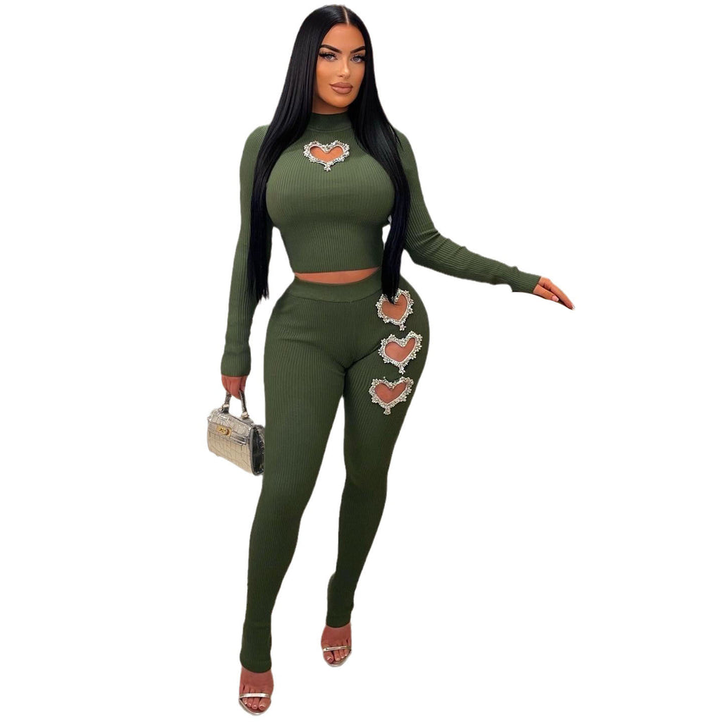 Women's Heart-Shaped Detail Solid Color Two-Piece Pants Suit teemdrop