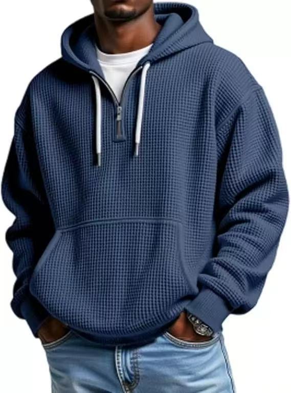 Mens Heavyweight Full-Zip Waffle Hooded Sweatshirt Long Sleeve Solid Color Casual Jacket teemdrop