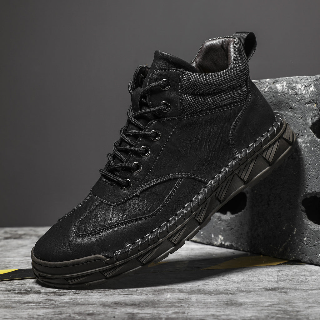 Mens Hand-Stitched PU Leather Lace-Up Flat Ankle Boots