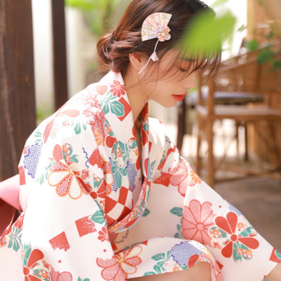 Womens Traditional Retro Japanese Camellia Print Kimono Dress with Girdle and Fan Headdress Set teemdrop