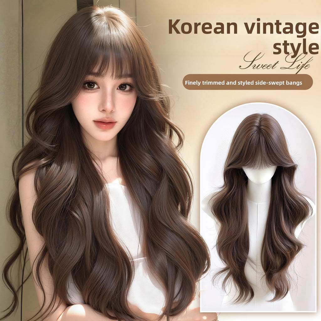 Women's Long Wavy Curly Full Head Wig Seamless Front with Bangs teemdrop