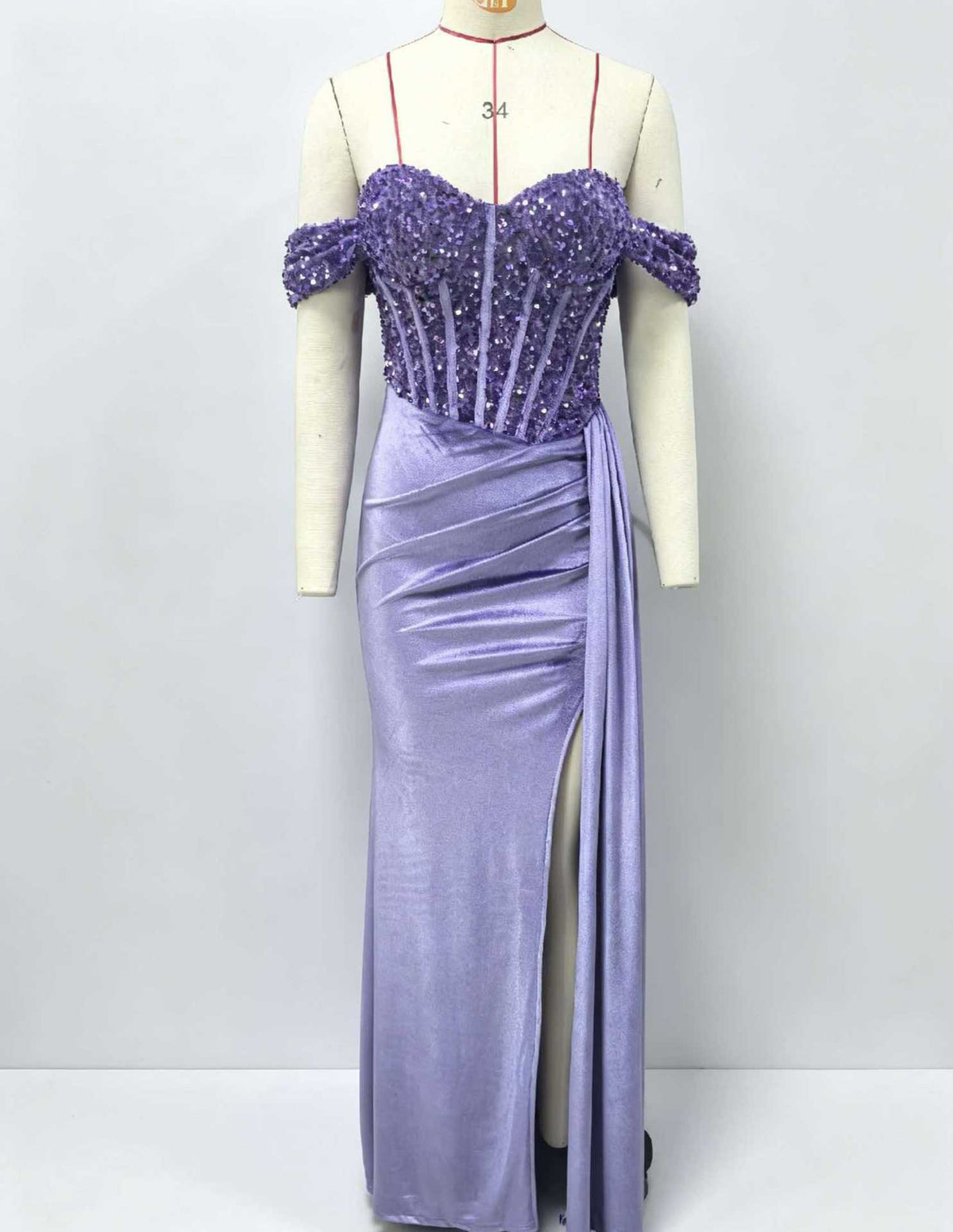 Off Shoulder Sequin Pleated Satin Evening Dress With Slit teemdrop
