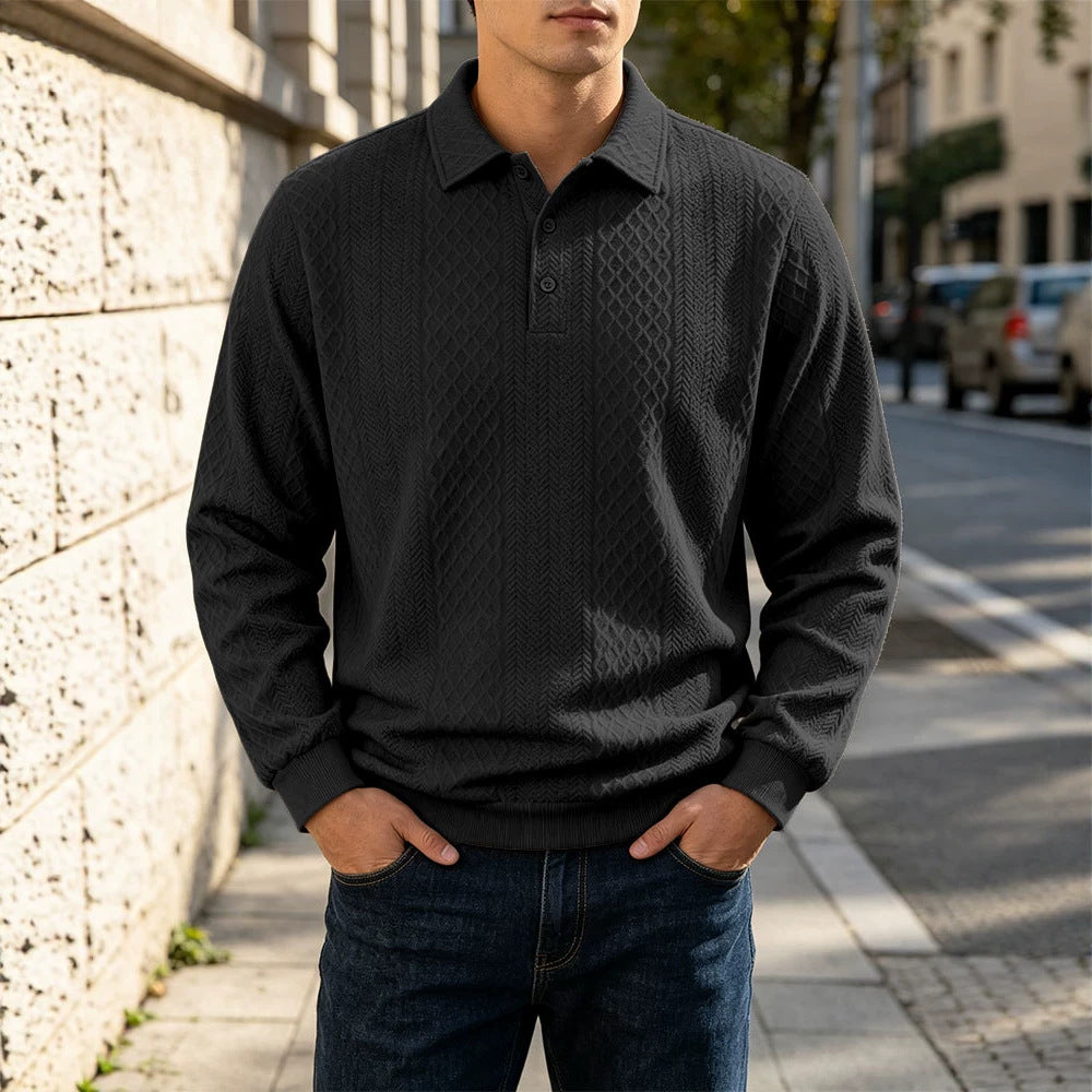 Men's Jacquard Knit Polo Sweatshirt Long Sleeve Turn-Down Collar Loose Fit Top teemdrop