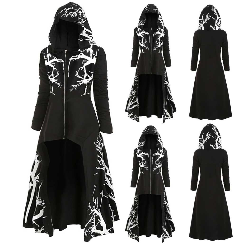 Hooded Printed Cape Dress with Irregular Hem