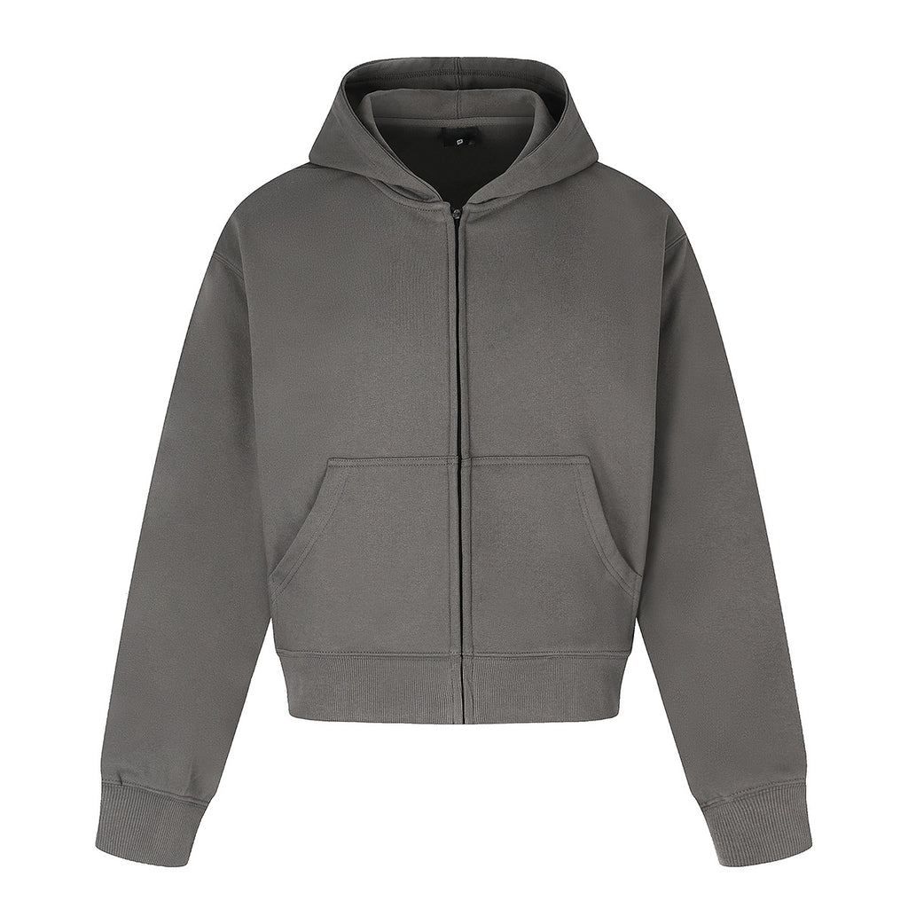 Retro Short Zip-Up Hoodie Solid Color Loose Fit Casual Jacket for Adults teemdrop