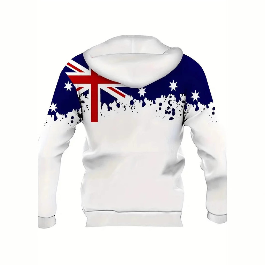 Men's 3D Australian Flag Print Drawstring Hoodie Loose Fit Long Sleeve Sweatshirt teemdrop