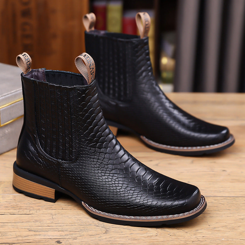 Men's Retro Crocodile Pattern Chelsea Ankle Boots with Elastic Side Panels teemdrop