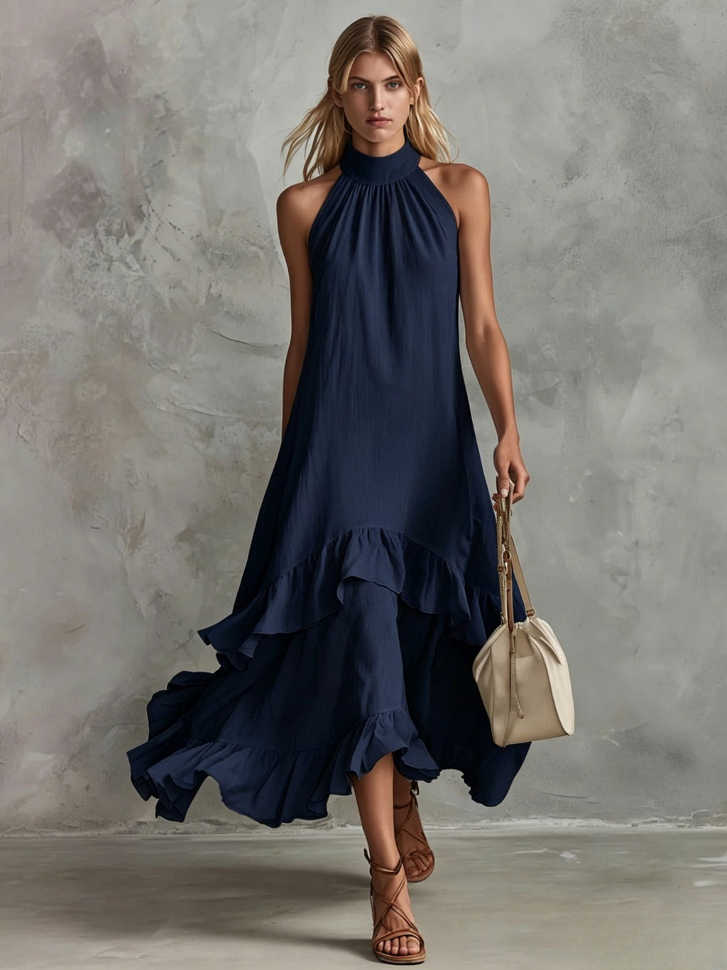 Women's Sleeveless Halter Ruffle Hem Mid-Length Summer Dress teemdrop
