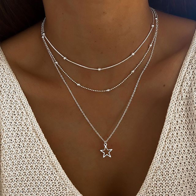 Women's Multi-Layered Star Pendant Alloy Necklace Vintage Clavicle Chain teemdrop