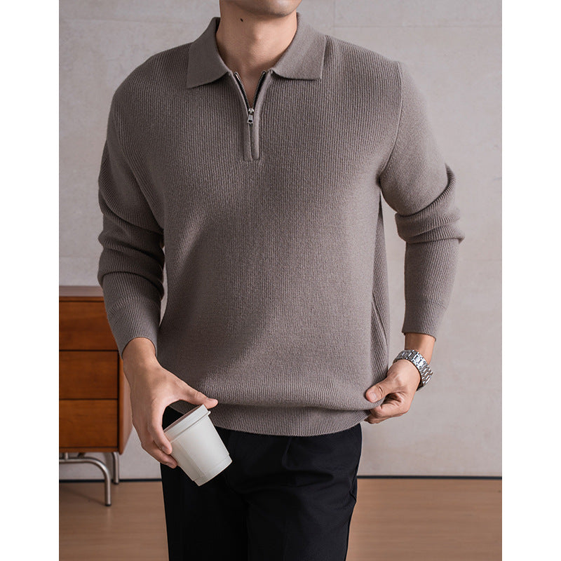 Men's Zippered Sheep Wool Blend Thickened Knit Sweater with Anti-Pilling Feature teemdrop