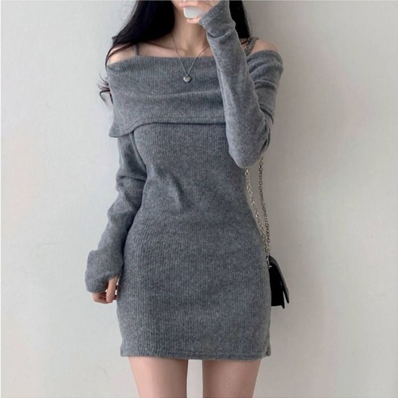 Women's Off-Shoulder Ribbed Knit Hip-Hugging Short Dress teemdrop