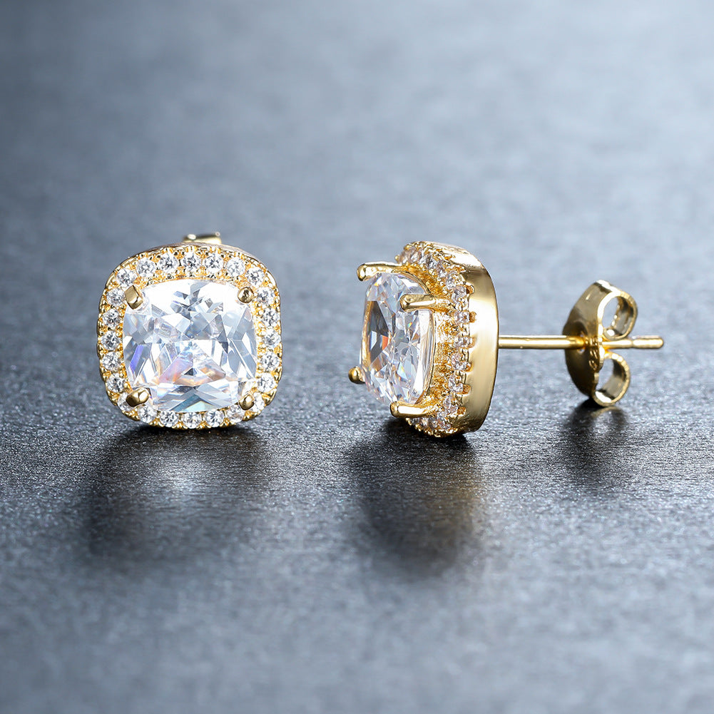 Geometric Full Diamond Zircon Earrings for Women Electroplated Copper Studs