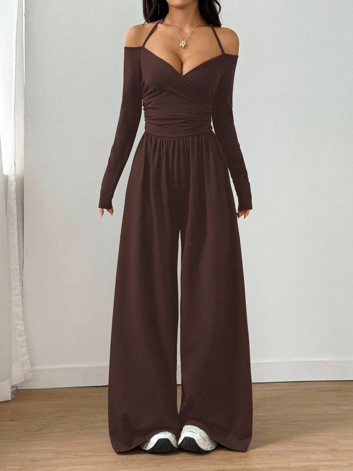 Women's Halter V-Neck Long Sleeve Wide Leg Jumpsuit