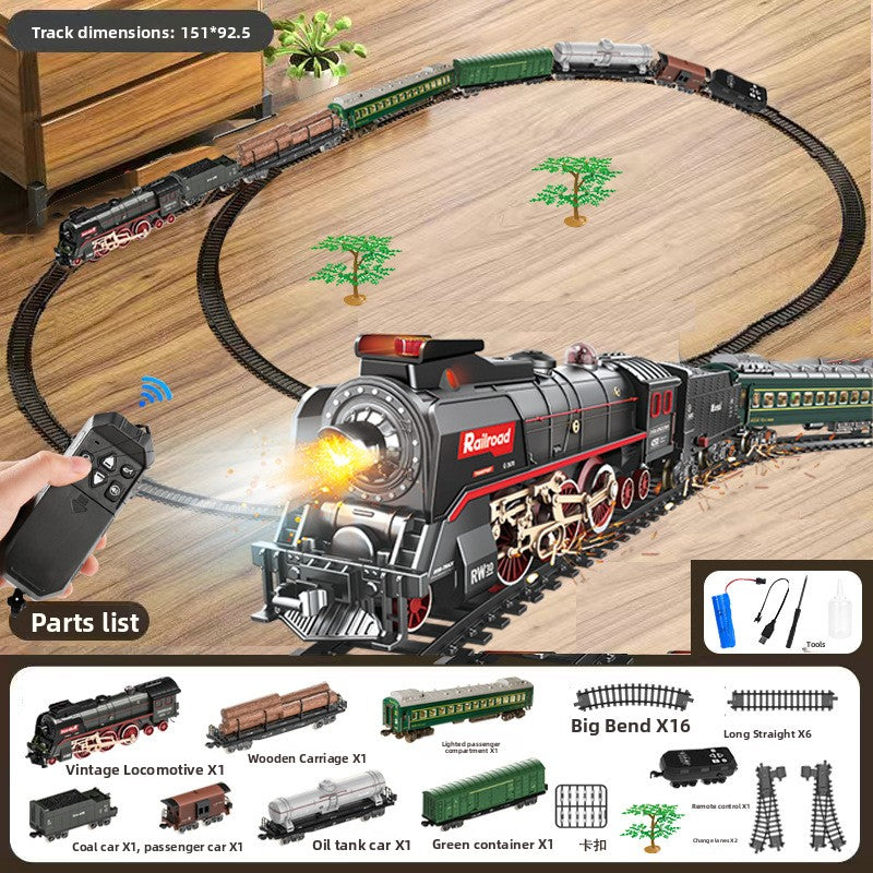 Retro Steam Train Toy Model with Remote Control Light Sound and DIY Track Set