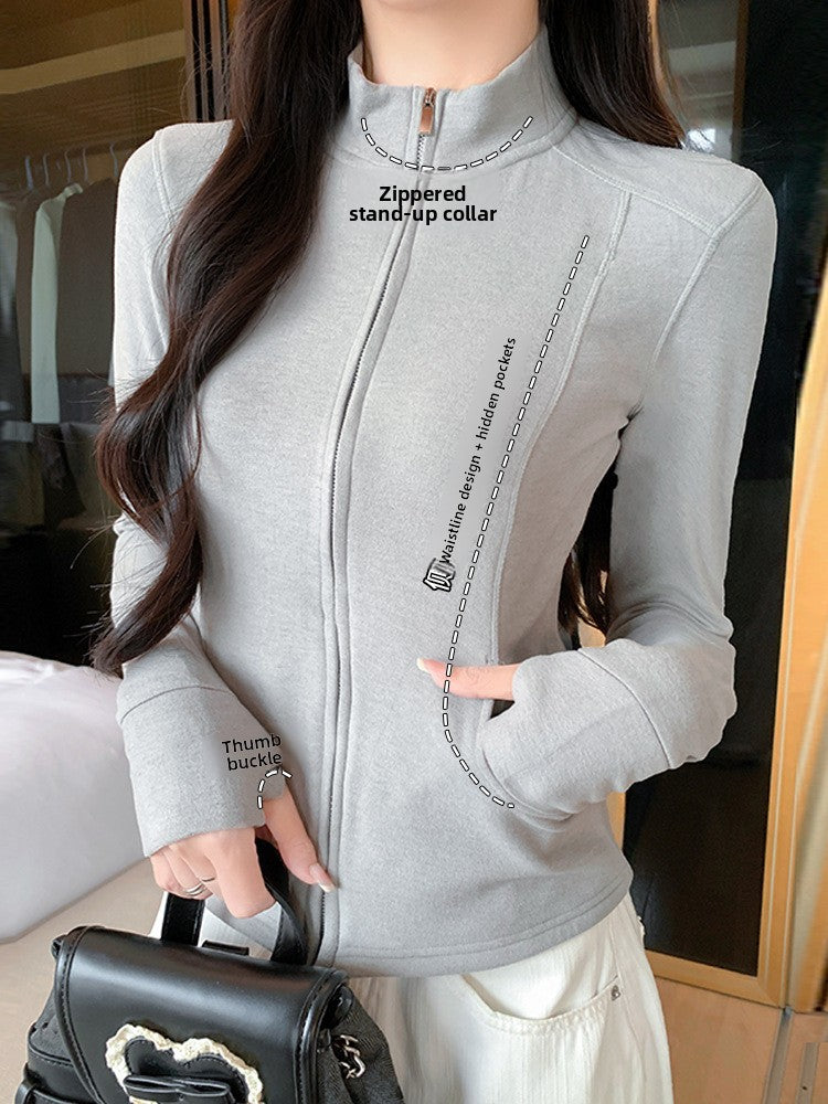 Women Stand Collar Zip Front Jacket Slim Fit Long Sleeve Wool Blend Top teemdrop