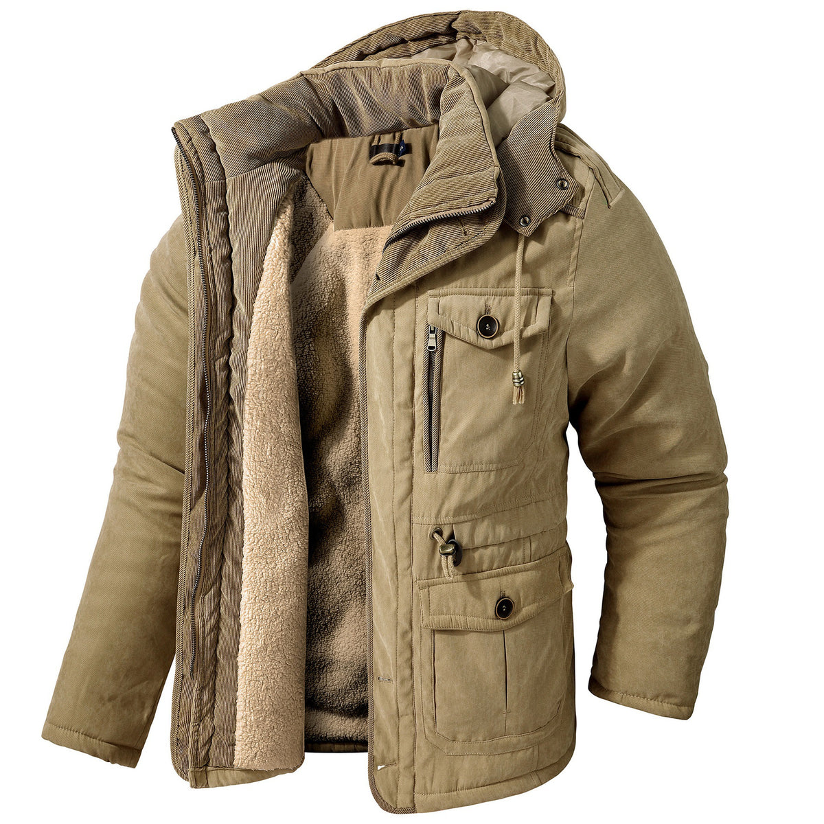 Men's Lambswool Blend Hooded Vest Thickened Multi-Pocket Sleeveless Jacket