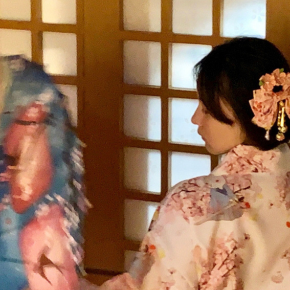 Womens Traditional Retro Japanese Camellia Print Kimono Dress with Girdle and Fan Headdress Set teemdrop