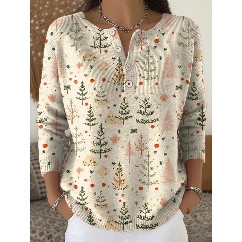 Women Retro Christmas 3D Print Four-Button Stand-Up Collar Long Sleeve T-Shirt teemdrop