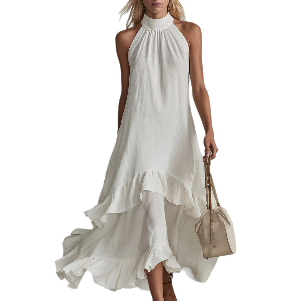 Women's Sleeveless Halter Ruffle Hem Mid-Length Summer Dress teemdrop