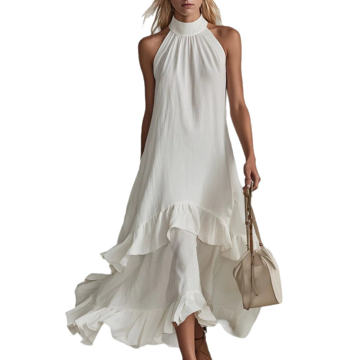 Women's Sleeveless Halter Ruffle Hem Mid-Length Summer Dress teemdrop
