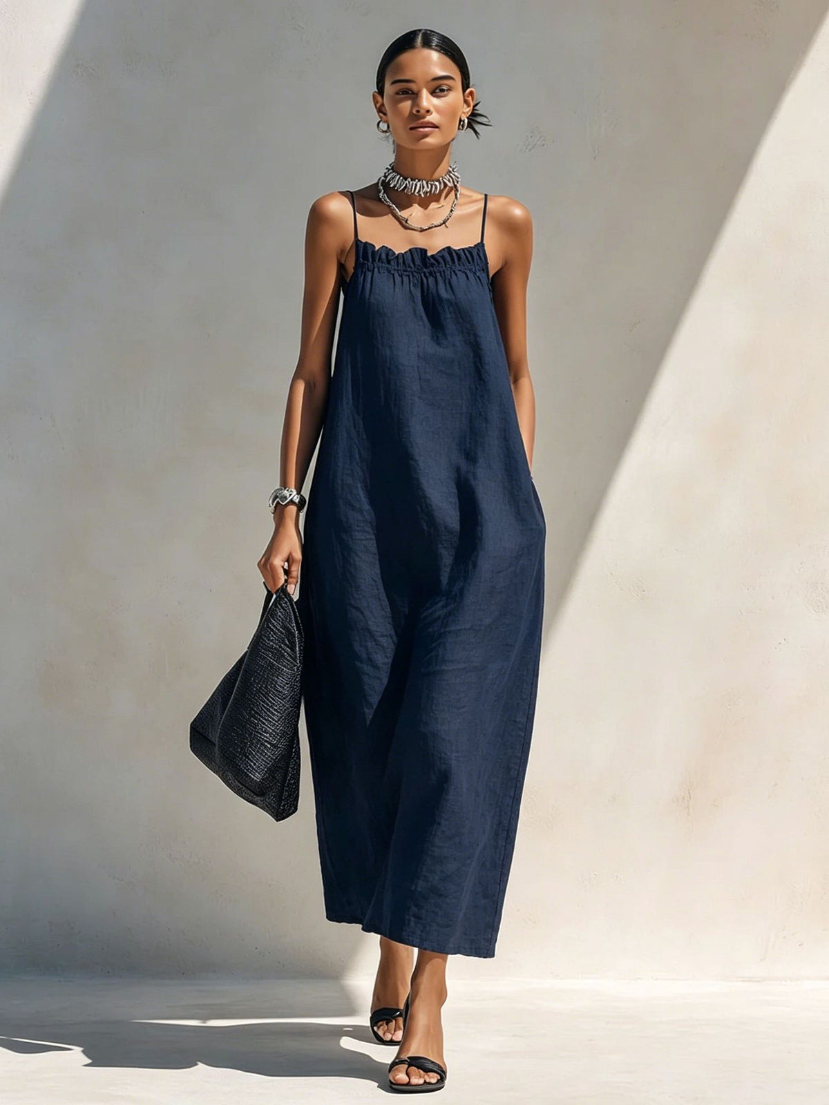 Women's Summer Solid Color Ruffle Collar Sleeveless A-Line Long Dress teemdrop