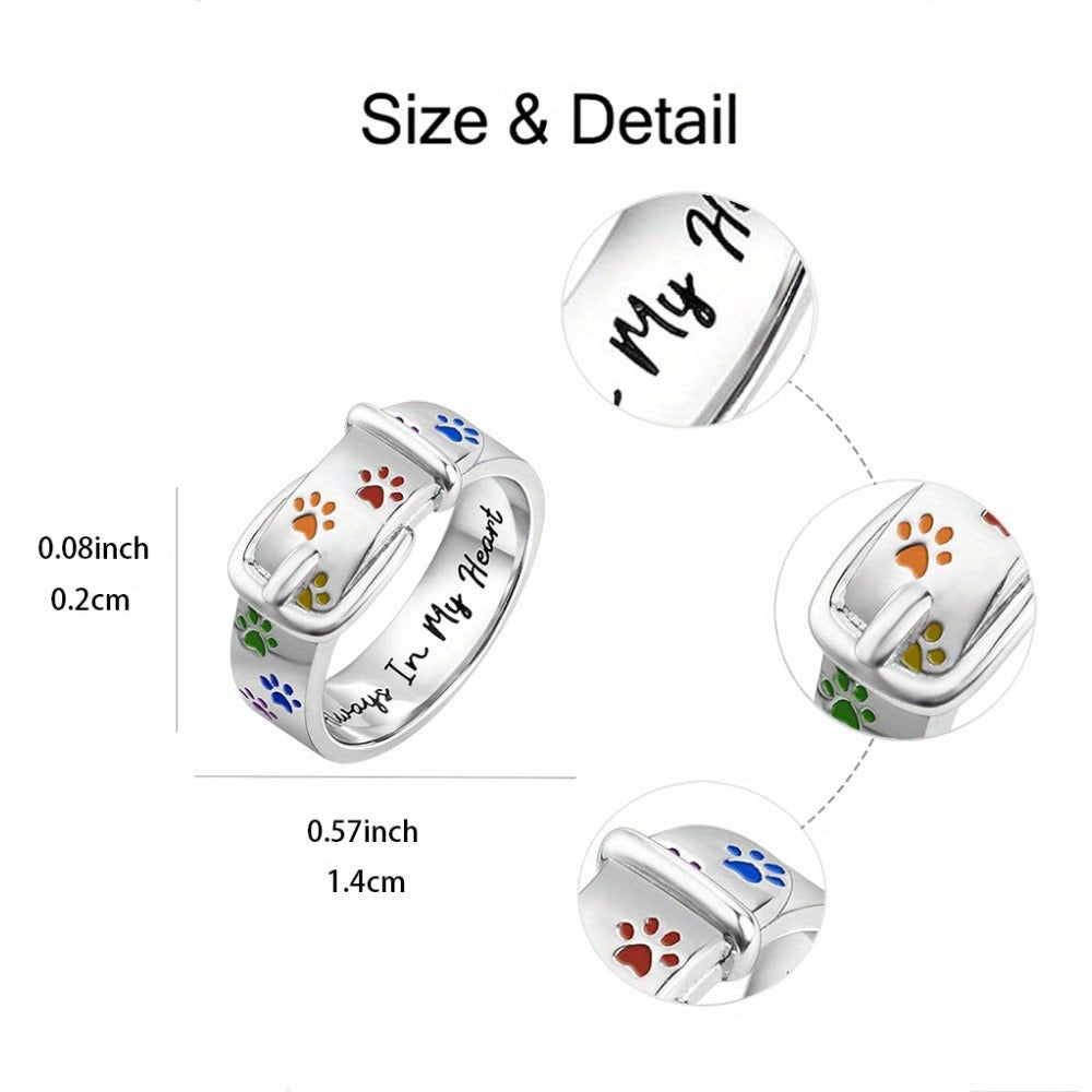 Silver-Tone Alloy Ring for Women with Rainbow Inlay and Dog Print