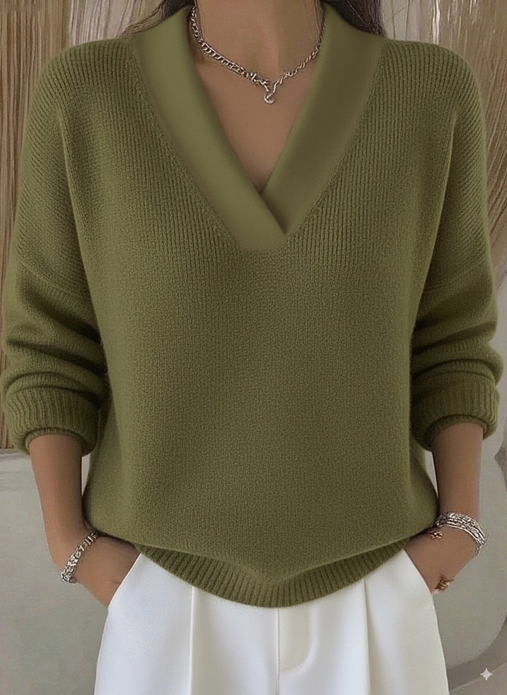 Women V-Neck Long Sleeve Loose Solid Color Knitted Pullover Sweater teemdrop