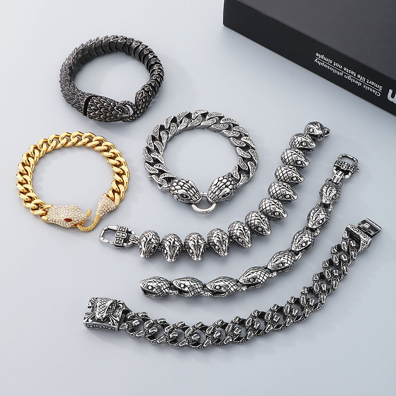 Men's Vintage Snake Head Titanium Steel Punk Bracelet