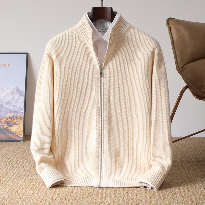 Men's 100% Wool Stand Collar Zip Cardigan teemdrop