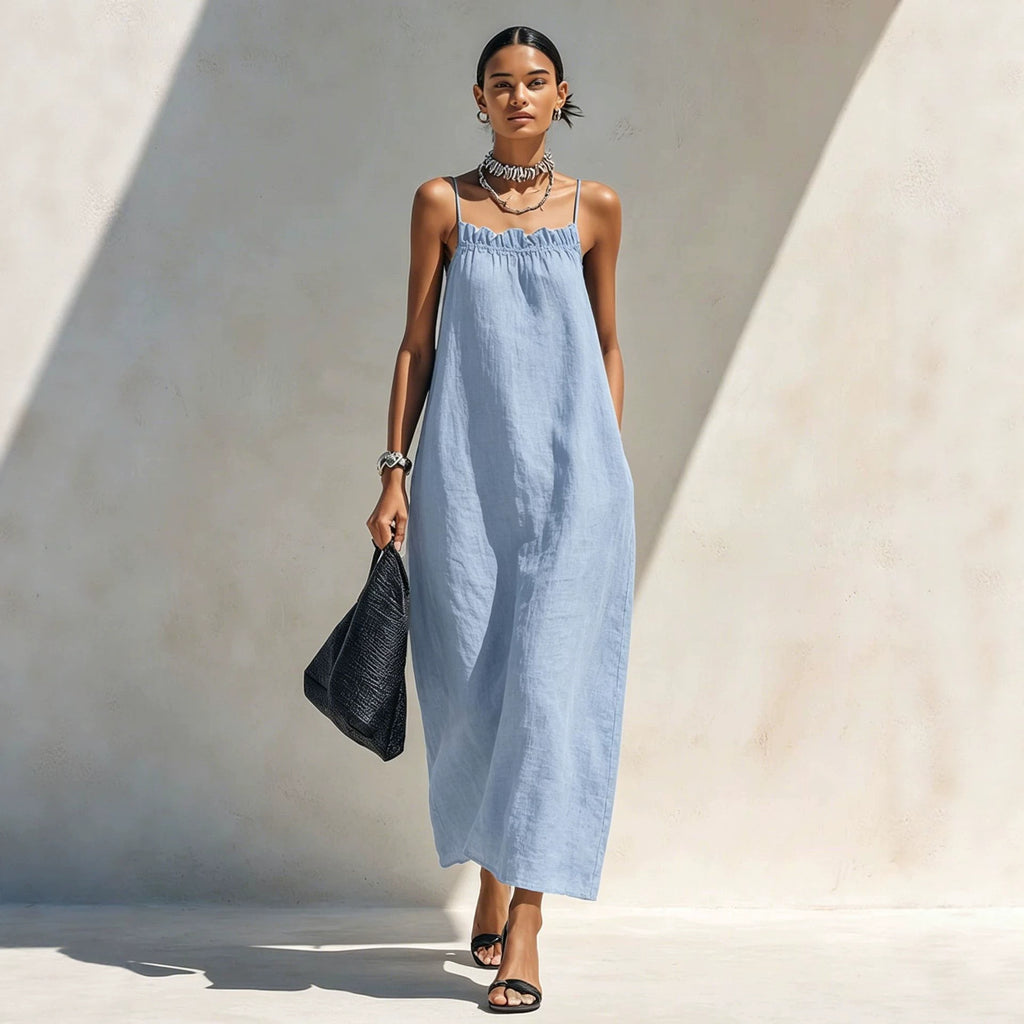 Women's Summer Solid Color Ruffle Collar Sleeveless A-Line Long Dress teemdrop