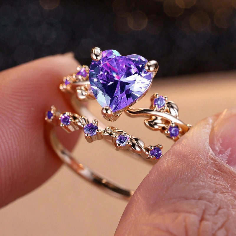 Heart-Shaped Zircon Inlaid Couple Ring