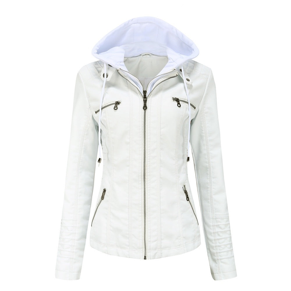 Womens Hooded PU Leather Jacket Two-Piece Set