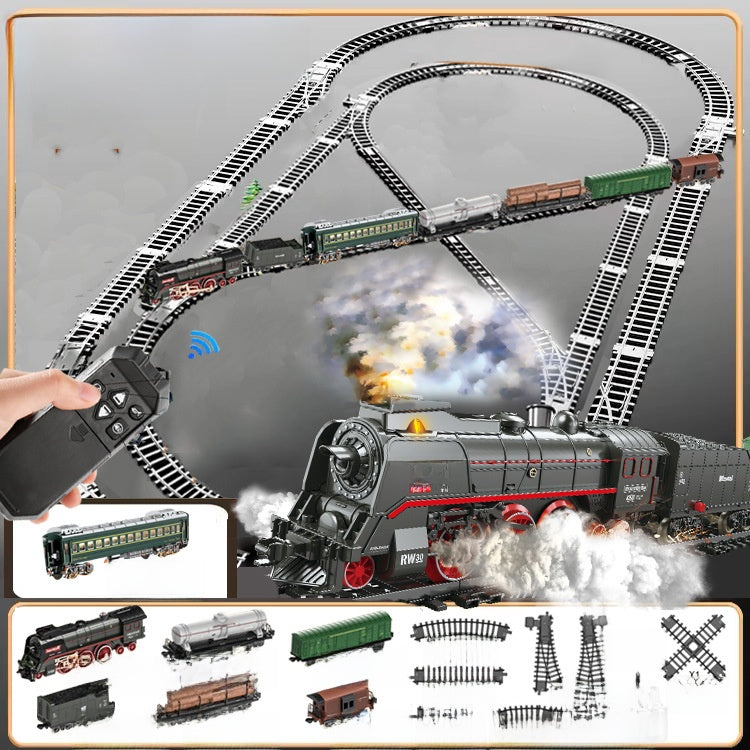 Retro Steam Train Toy Model with Remote Control Light Sound and DIY Track Set