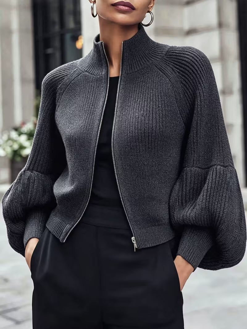 Women's Stand Collar Zip-Up Lantern Sleeve Textured Knit Sweater teemdrop