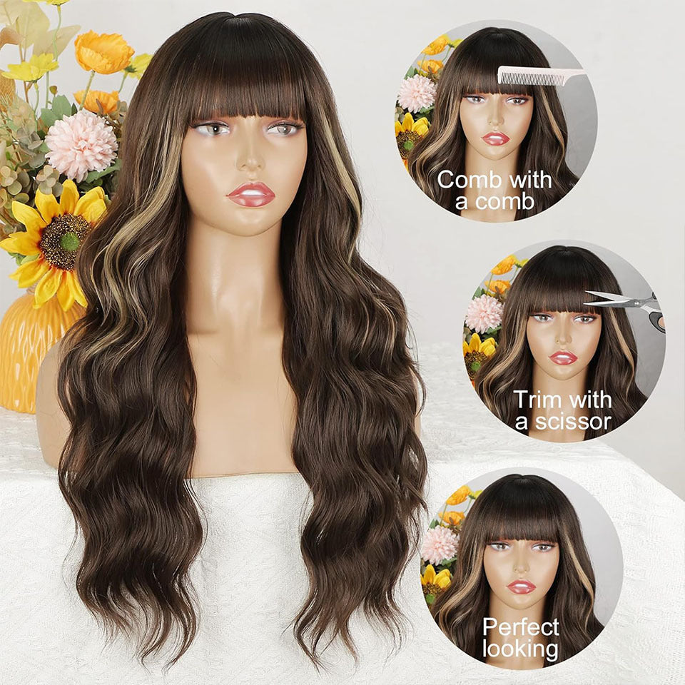 Women's Gradient Long Curly Synthetic Wig with Bangs Full Head Wig teemdrop