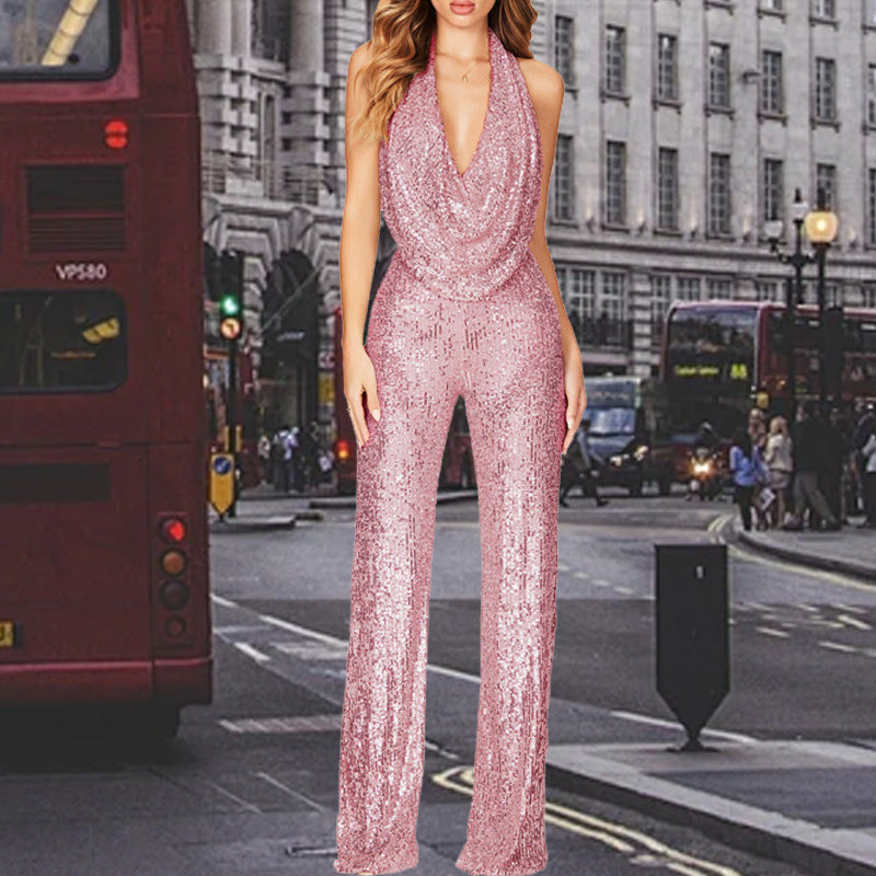 Women's Sparkly Sequin Halter Neck Jumpsuit Slim Fit Long Pants One Piece Evening Dress teemdrop