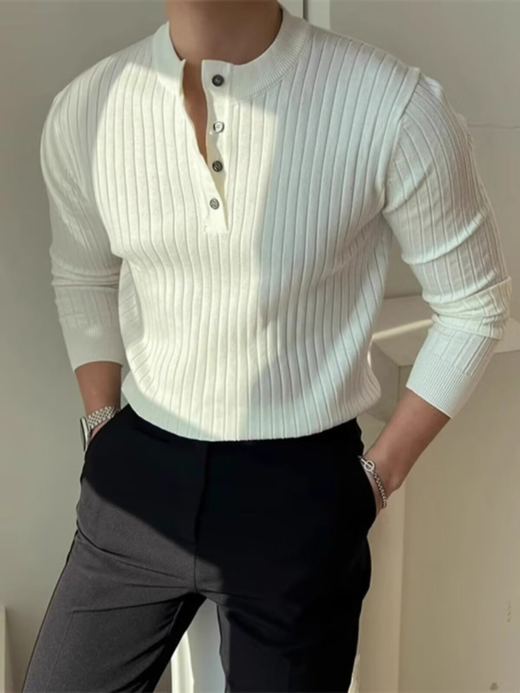 Men's Cotton Blend Henley Sweater Long Sleeve Slim Fit Pullover teemdrop