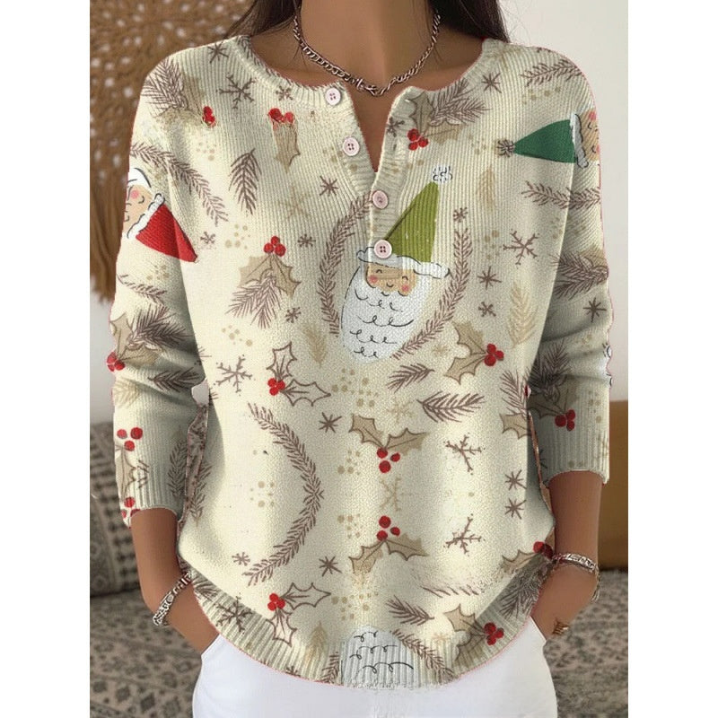 Women Retro Christmas 3D Print Four-Button Stand-Up Collar Long Sleeve T-Shirt teemdrop
