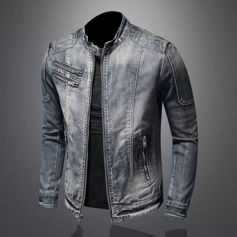 Men's Retro Solid Color Stand Collar Denim Jacket Casual Long Sleeve Outerwear
