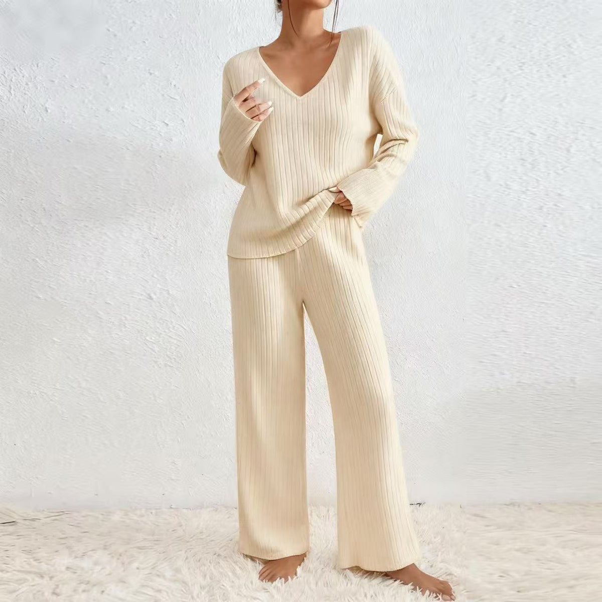 Women V-Neck Loose Ribbed Knit Long Sleeve Top Suit Set teemdrop
