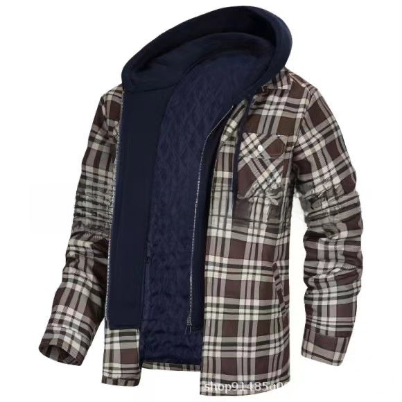 Autumn and Winter Cotton Outwear Plaid Long-Sleeved Loose Hooded Jacket teemdrop