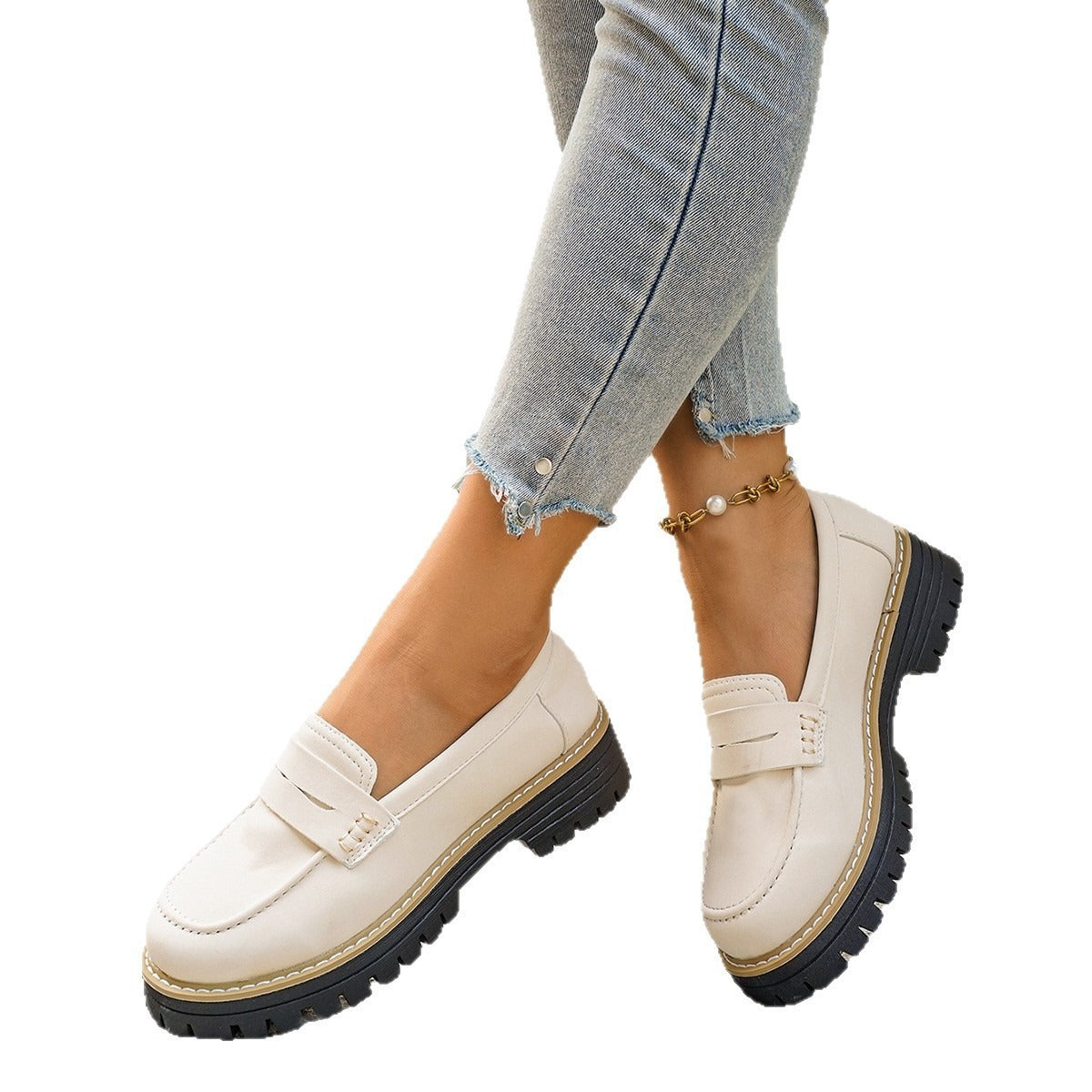 Womens Classic PU Loafers Round Toe Thick Heel Slip On Shoes teemdrop