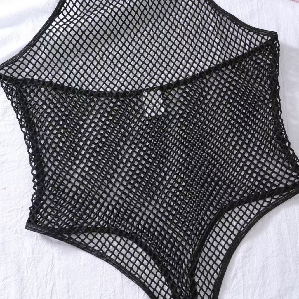 Women's Fishnet Hollow-Out See-Through Mesh Halter Neck Bodysuit teemdrop