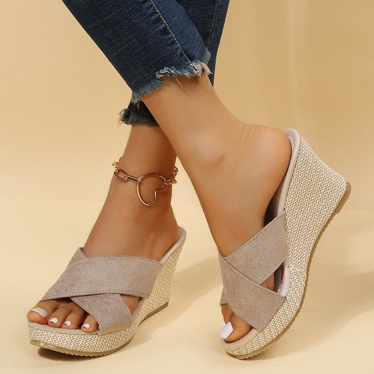 Platform rope thick-soled chunky heel slipper with flat sole