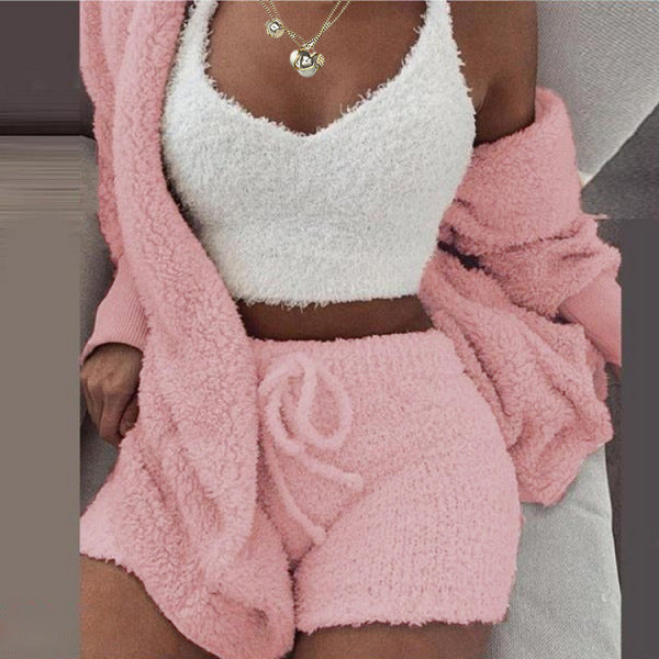 Women's Plush Three-Piece Long Sleeve Vest Shorts Track Set teemdrop